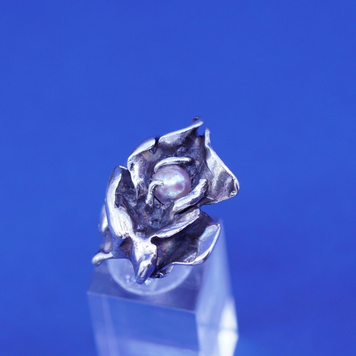 Size 3.25, vintage Sterling Silver Israel, handmade ring with pearl, silver tested