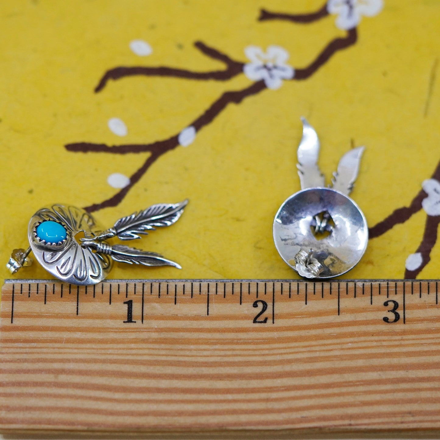 Vintage Sterling 925 silver handmade net earrings with turquoise and feather