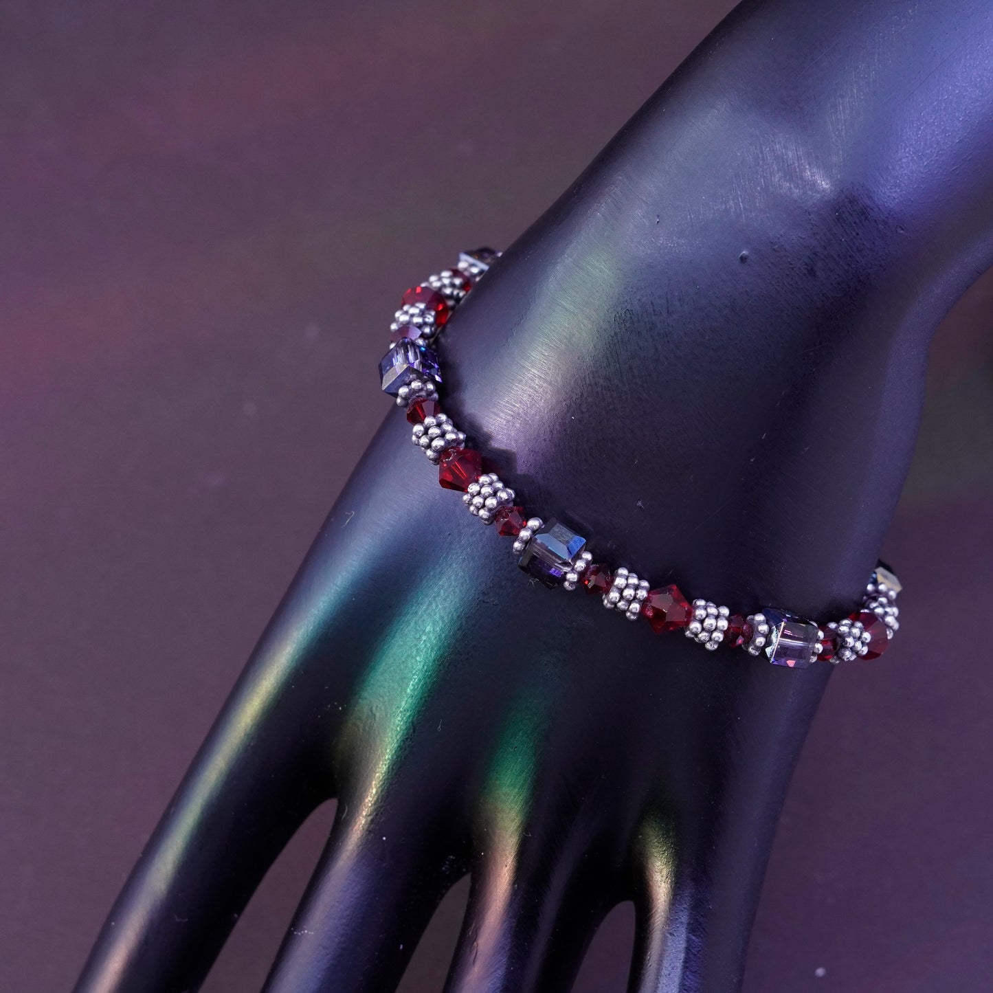 7”, Sterling silver handmade bracelet, 925 beads w/ red crystal toggle closure