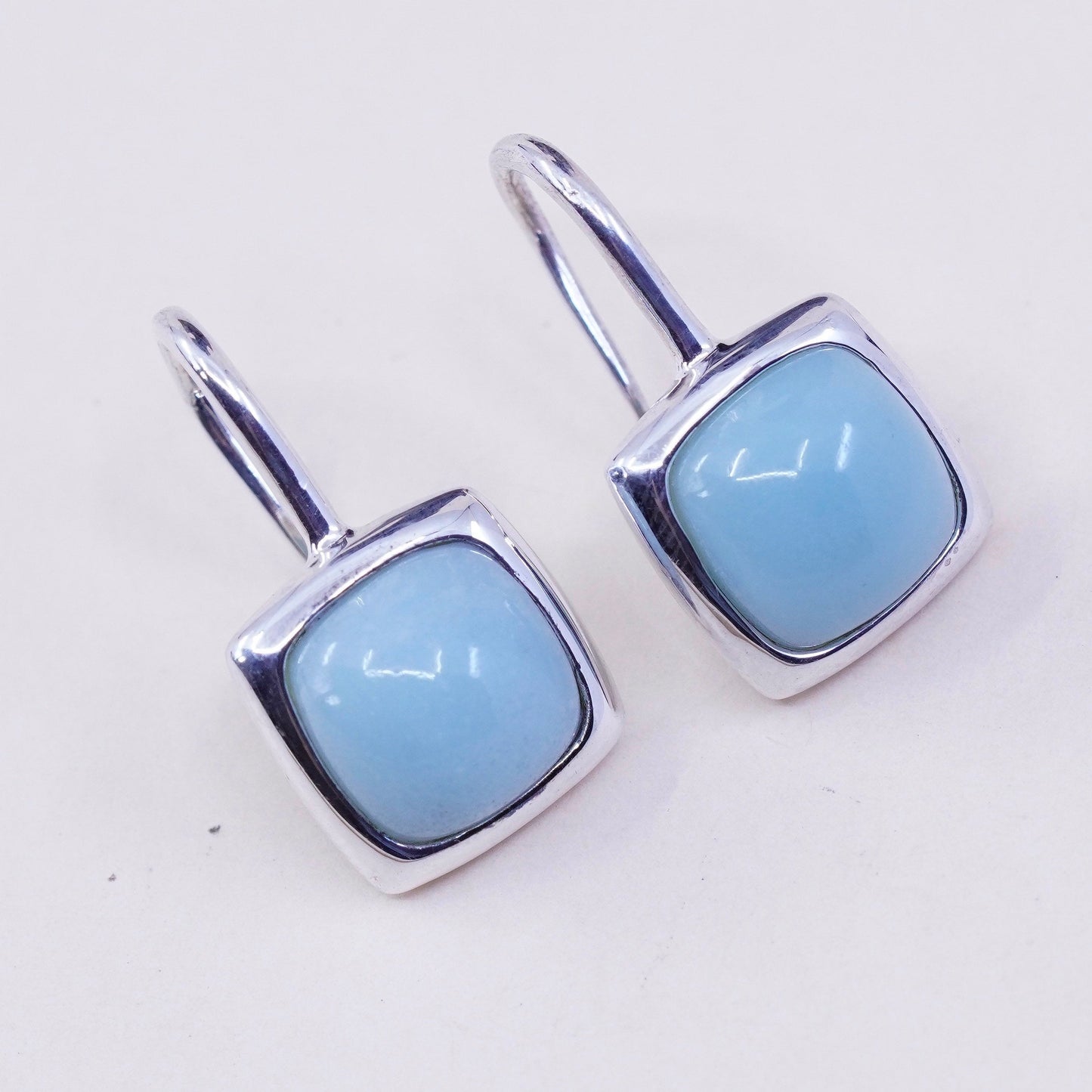 Vintage sterling silver handmade earrings, 925 with square jade, Stamped 925