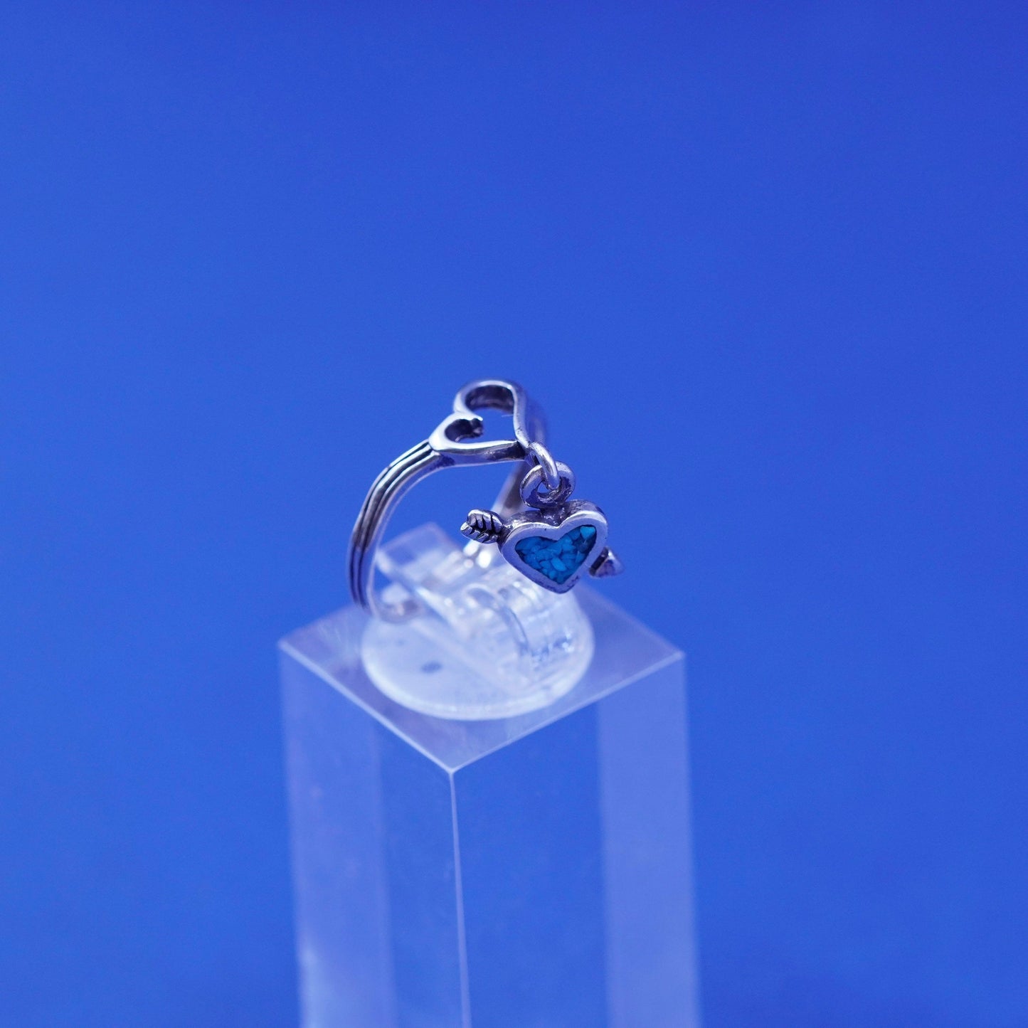 sz 4.75, Native American Sterling 925 silver ring band w/ turquoise heart charm