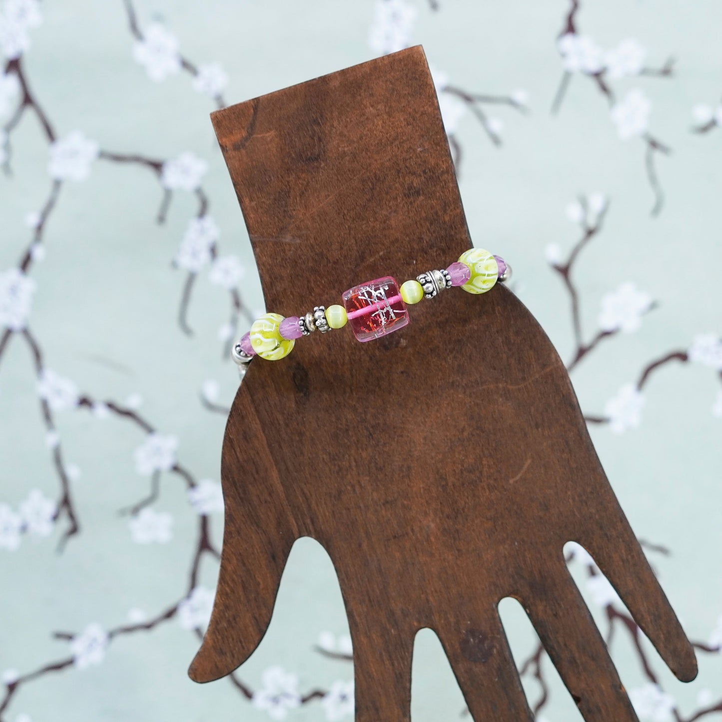 6.5”, vintage 925 Sterling silver bracelet with artisan pink glass beads