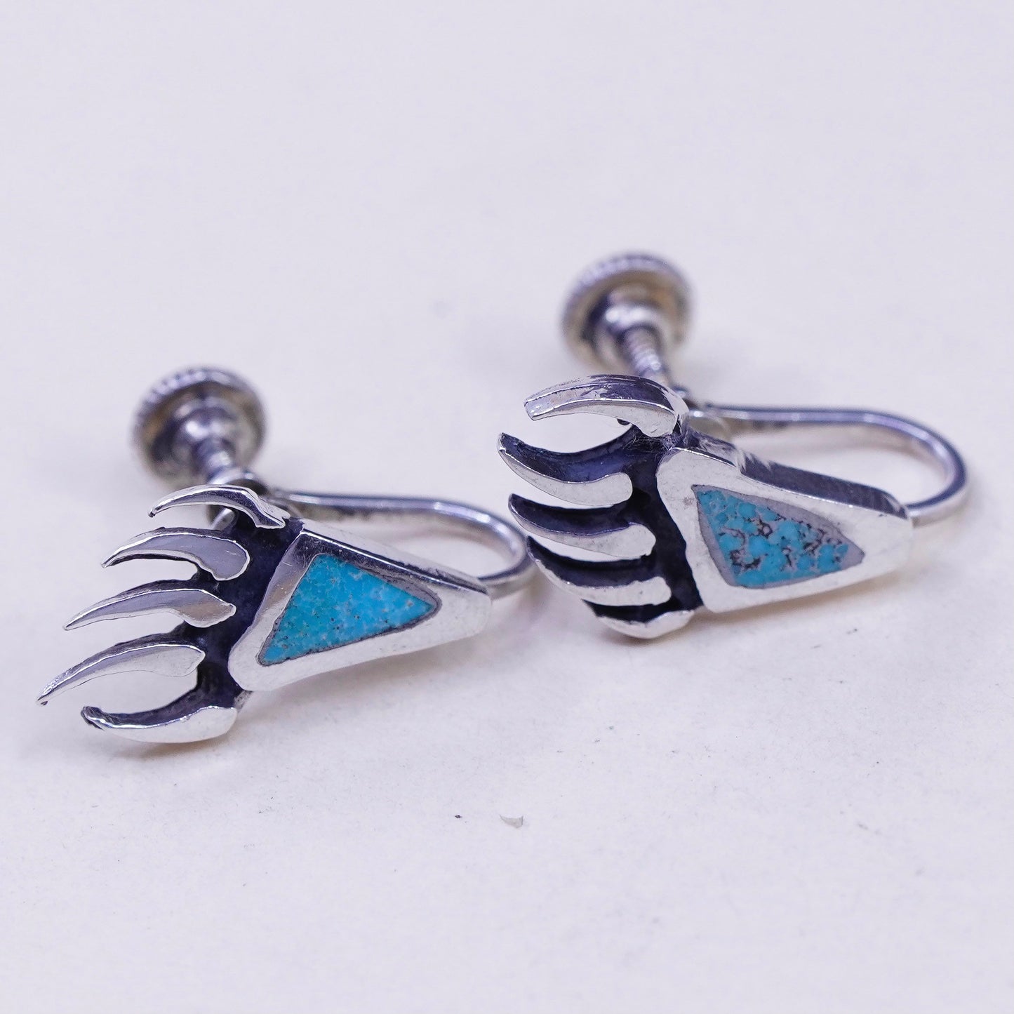 Native American navajo Sterling 925 silver screw back bear paw earrings