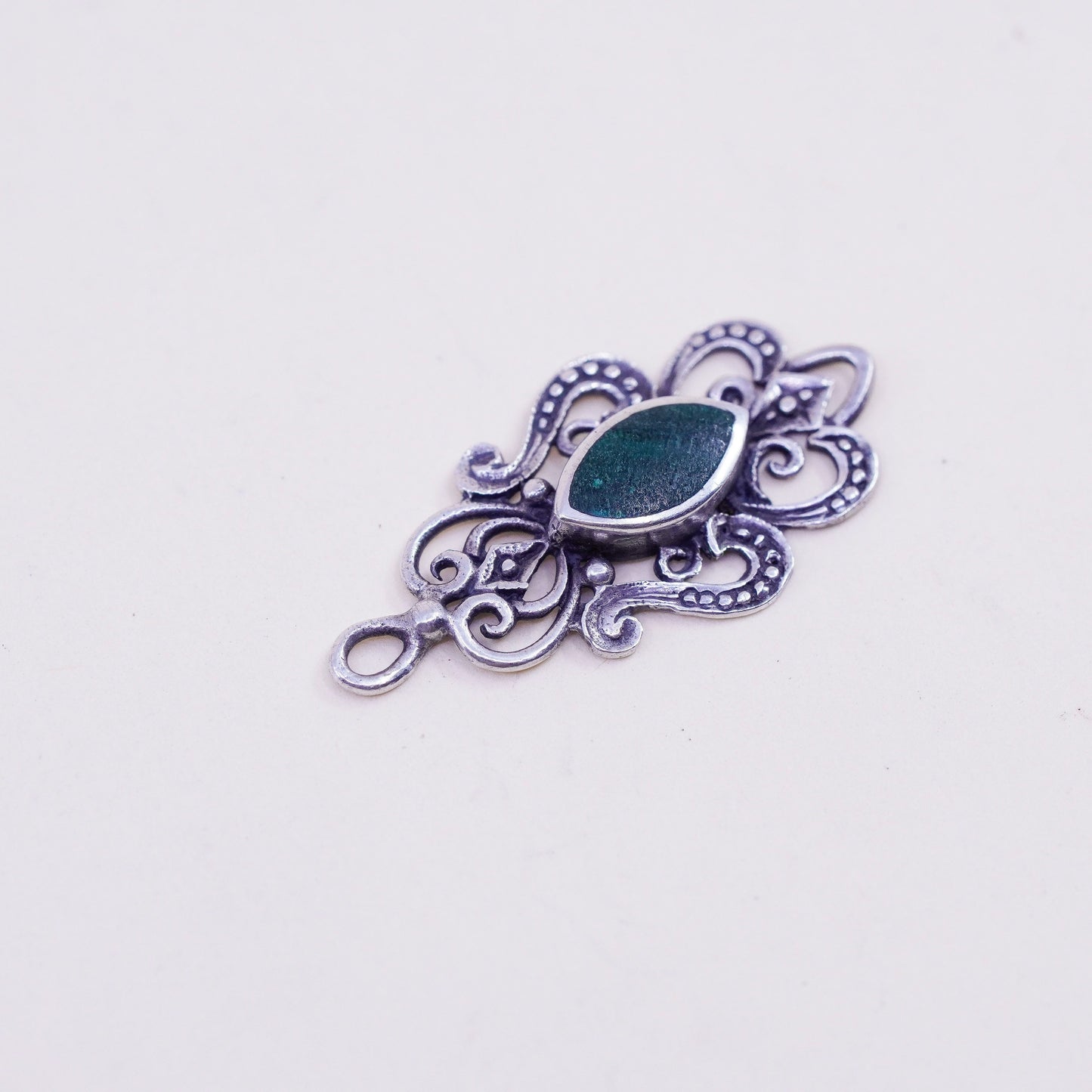 Vintage Sterling silver handmade pendant, 925 filigree malachite charm