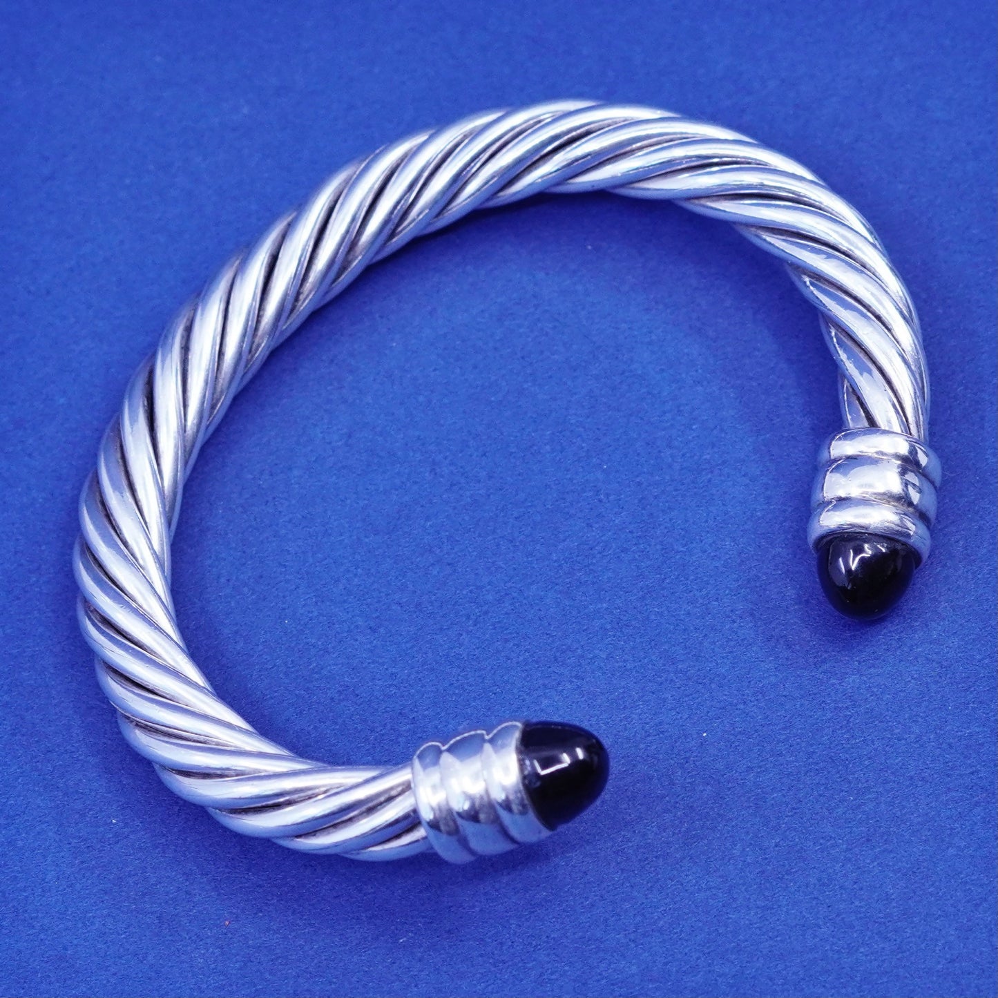 6.5”, sterling silver bracelet, 925 twisted cable cuff with obsidian beads end