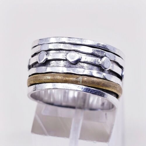 Sz 8, Vtg Two Tone Sterling Silver Handmade Ring, 925 Silver Spinner Band