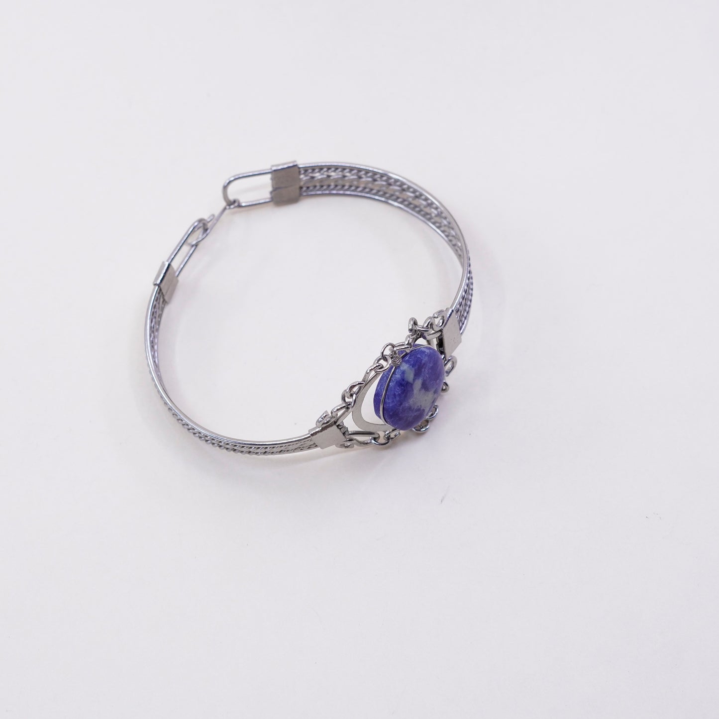 6.5”, Vintage sterling 925 silver twisted chain bangle bracelet with sodalite