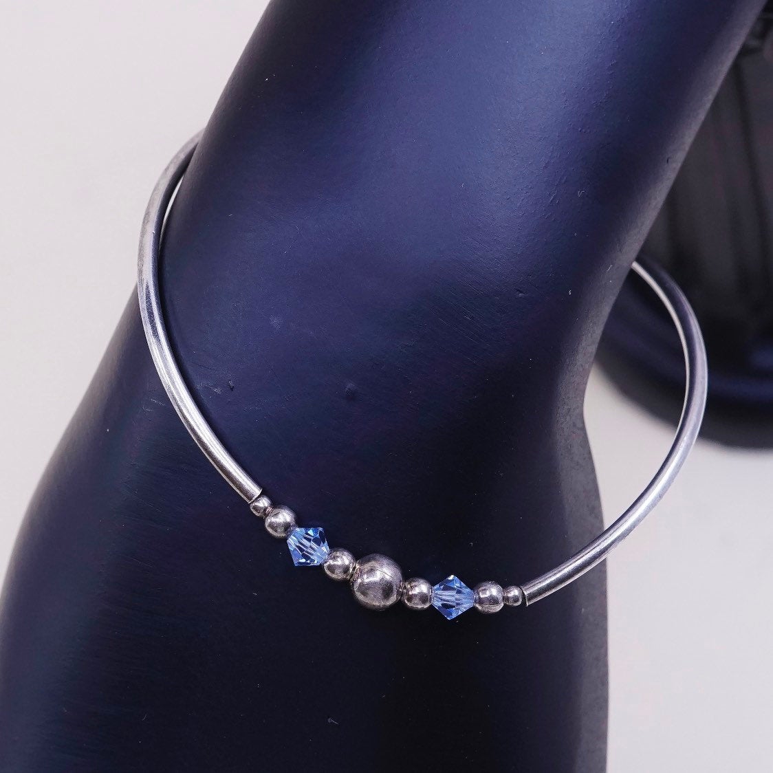 7", VTG sterling silver handmade bracelet, 925 bangle w/ beads N blue crystal