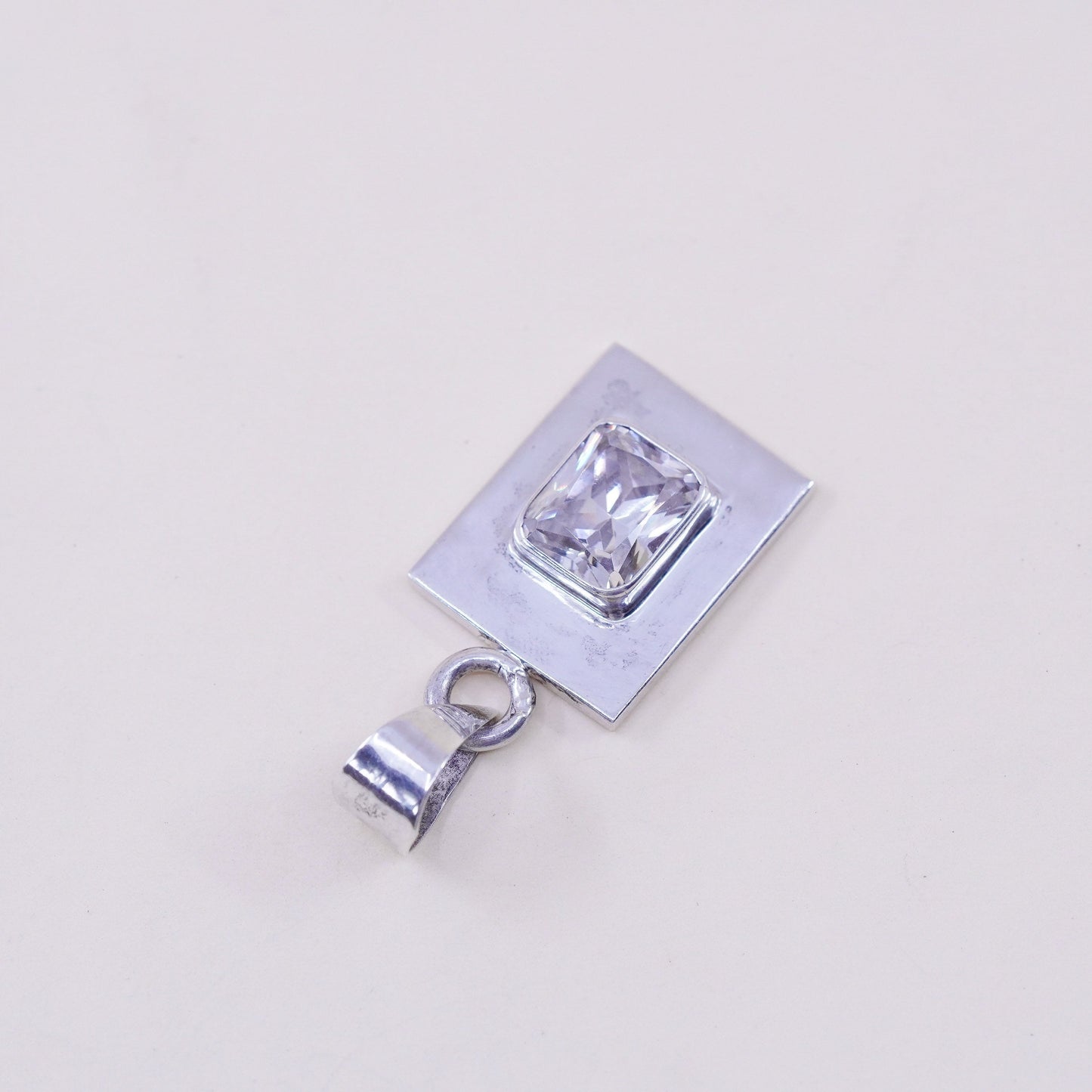 Vintage sterling 925 silver cz handmade rectangular pendant