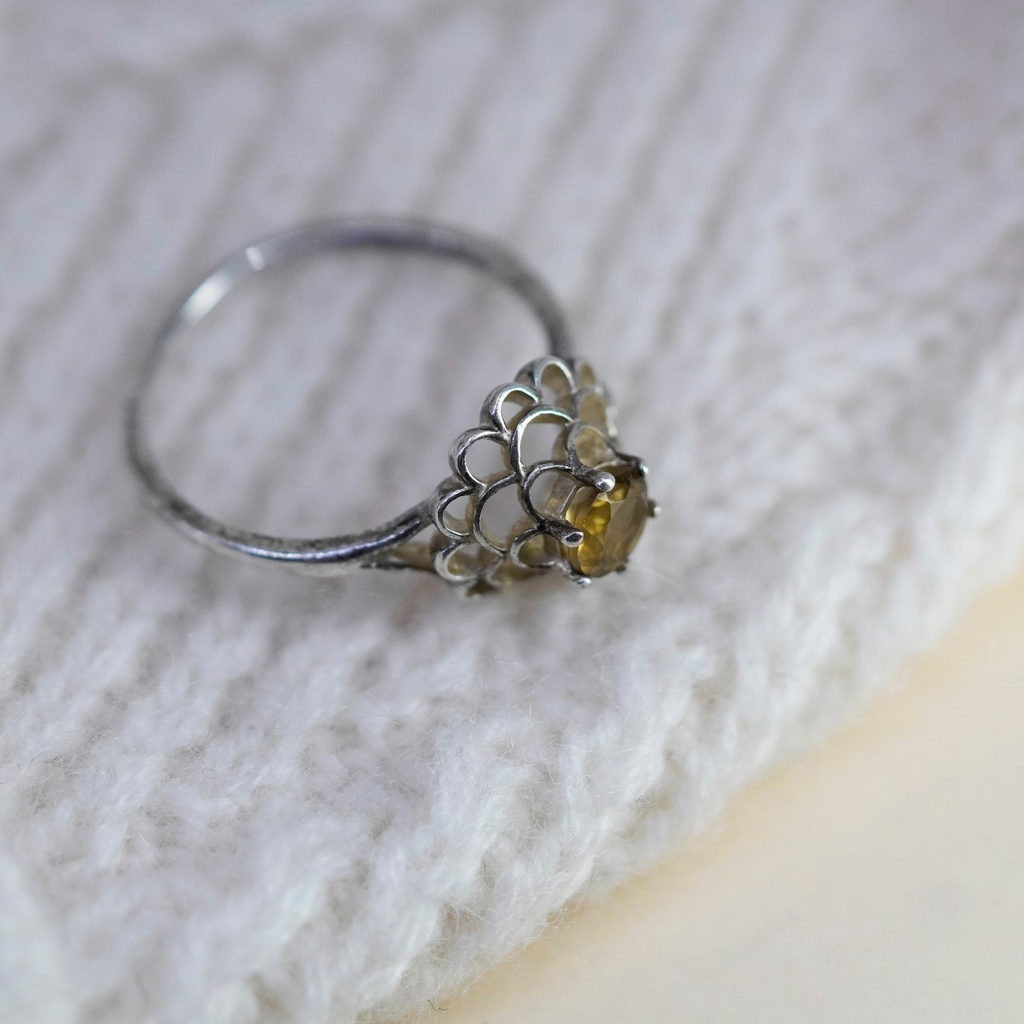 Size 10.25, vintage Sterling 925 silver handmade crown flower ring with citrine