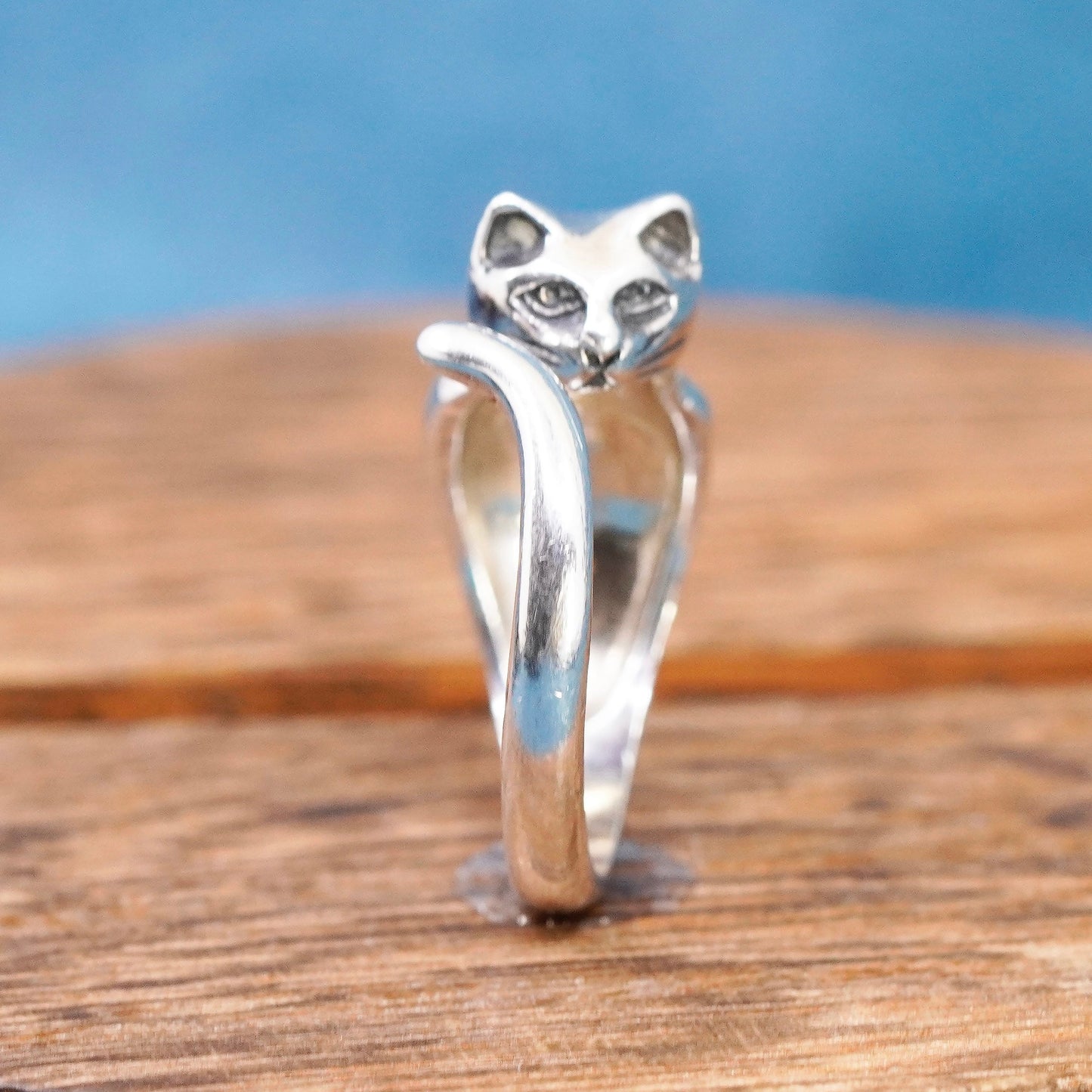 Size adjustable, Vintage Sterling Silver Handmade ring, 925 cat kitty wrap band