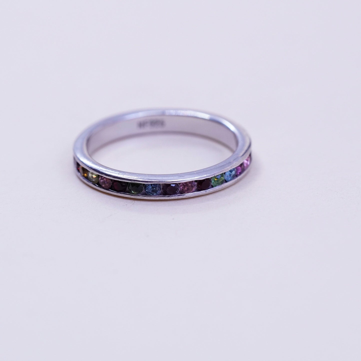 Size 8.25, Sterling 925 silver stackable ring, wedding band with colorful CZ