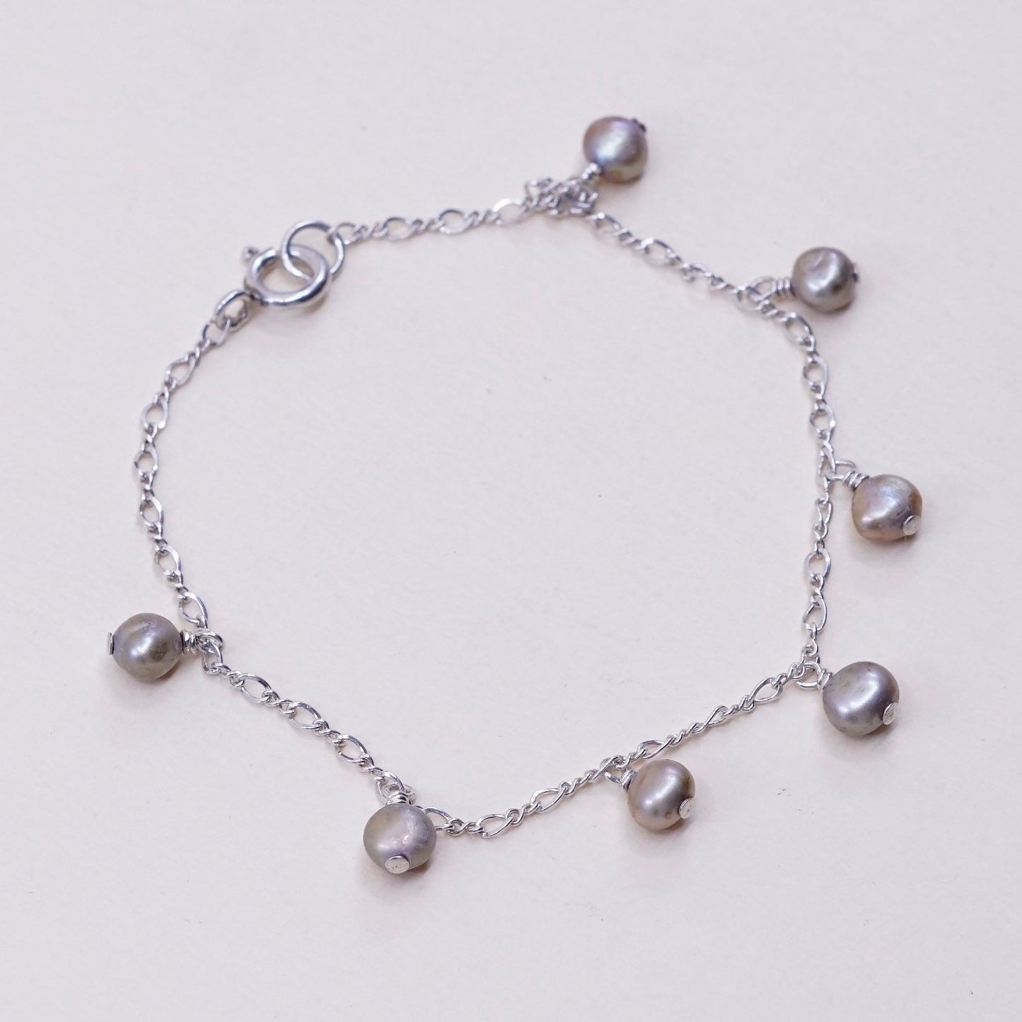 6.75”, Vintage handmade sterling silver bracelet with 925 pink pearl
