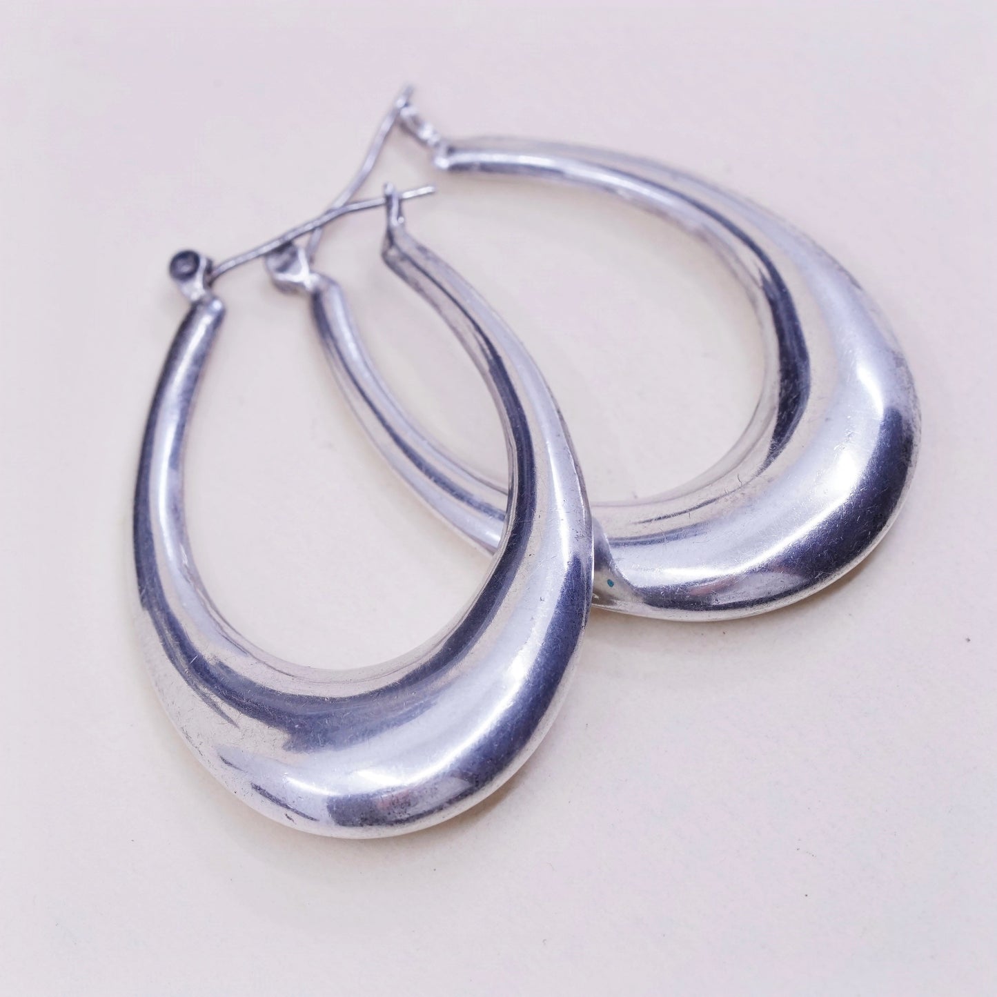 1.75” vtg sterling silver handmade earrings, minimalist primitive oval hoops