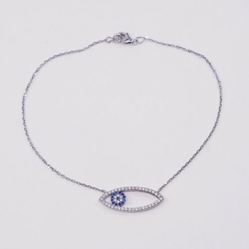 9.25” Vtg Sterling Silver Bracelet, 925 Circle Chain W/ Evil Eye N Cluster Cz