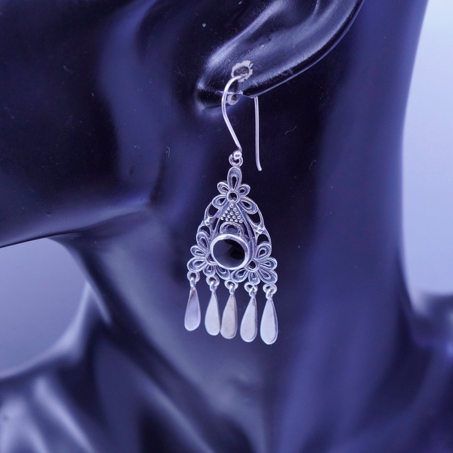 Vintage Sterling 925 silver filigree earrings with obsidian and teardrop fringe