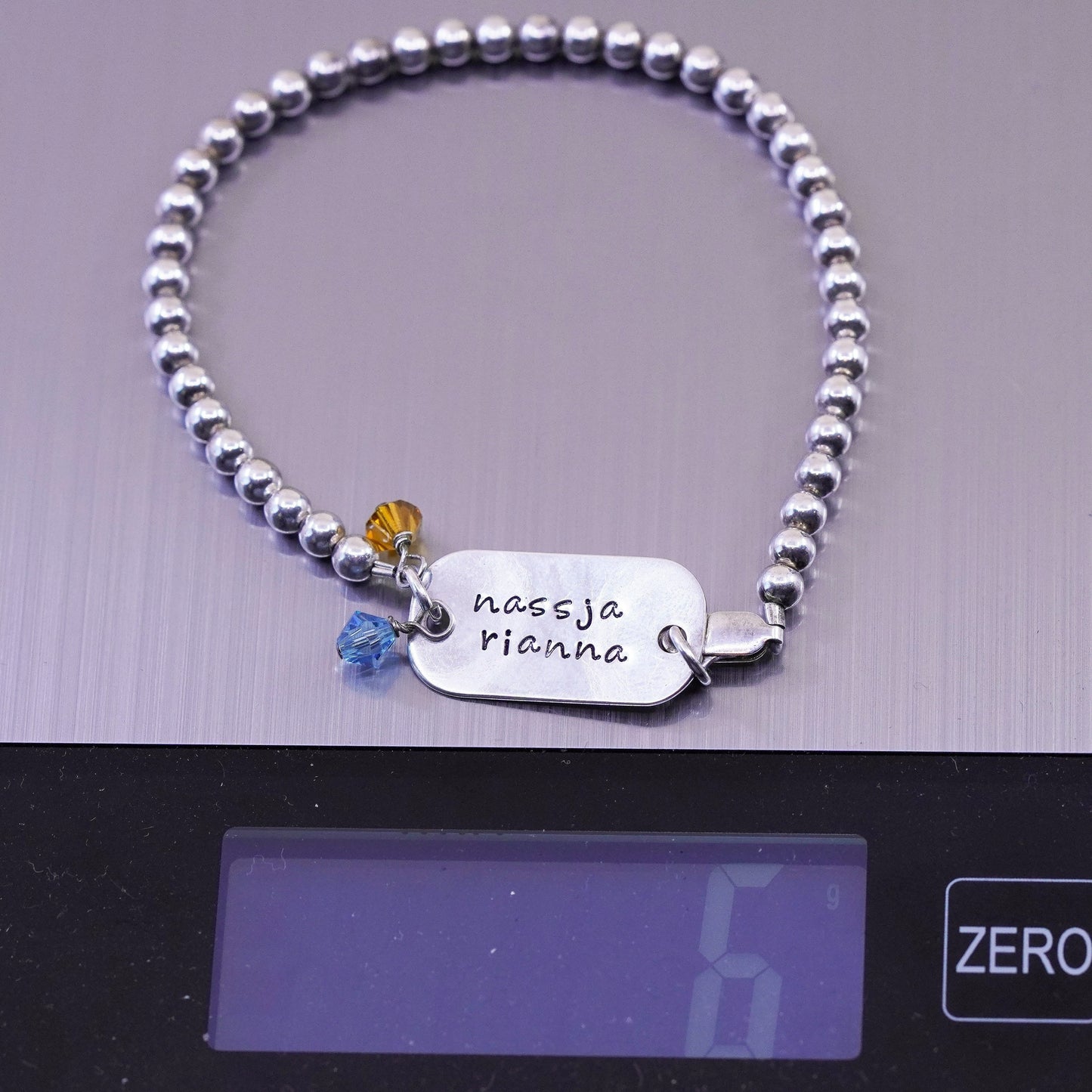 7.5” Sterling silver handmade bracelet, 925 bead chain name tag “nassja rianna”