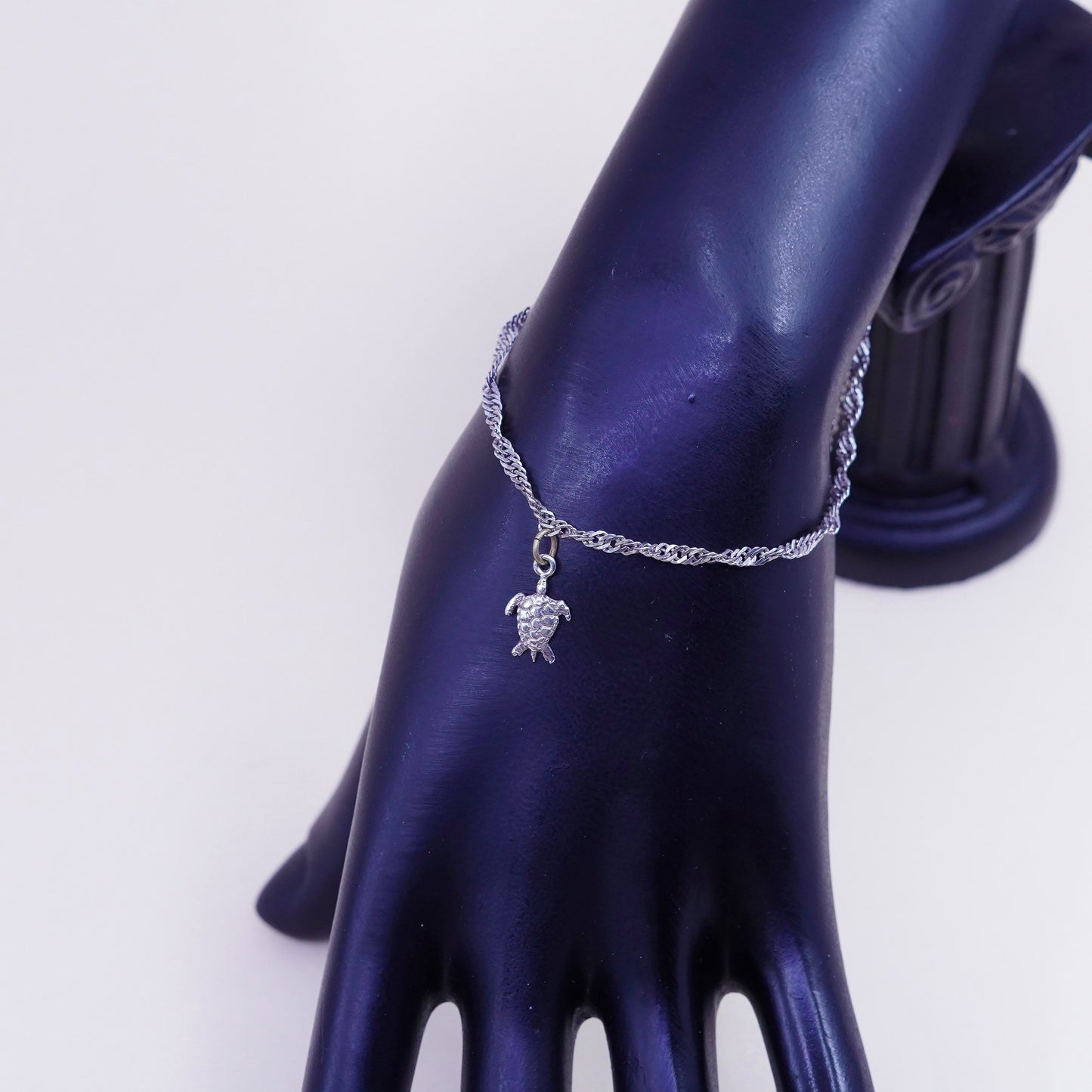 10”, vtg sterling silver bracelet, 925 twisted curb chain anklet turtle charm