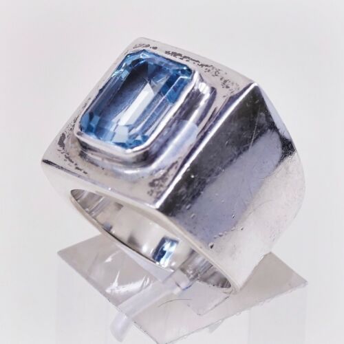 Sz 7.25, Vtg Sterling Silver Handmade Ring, 925 Silver Statement Ring W/ Topaz