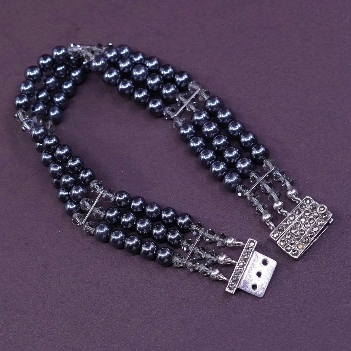 7” 1960s sterling 925 silver handmade bracelet, hematite marcasite
