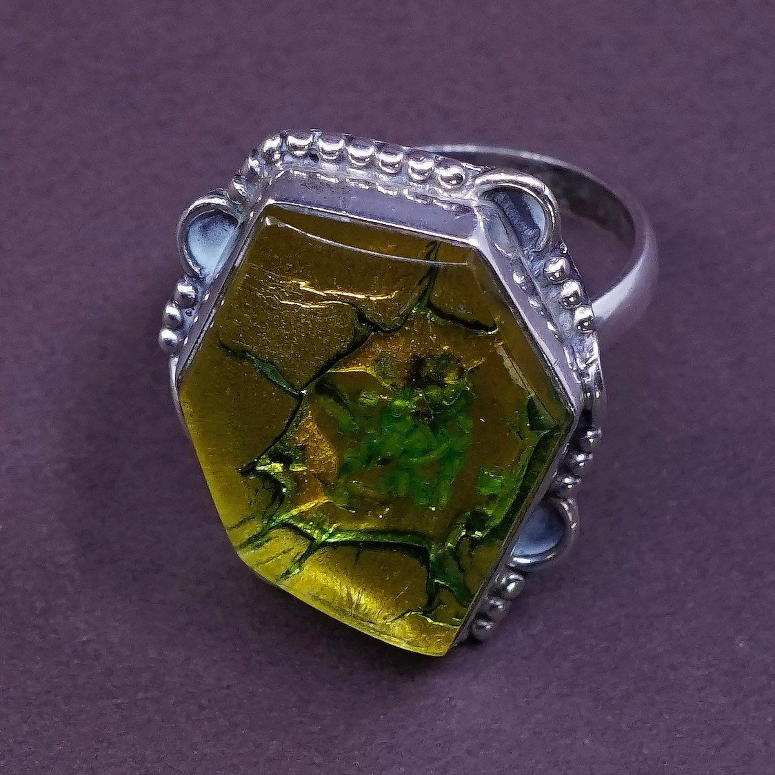 sz 8.5, Sterling silver handmade ring, southwestern 925 w/ yellow foiled glass