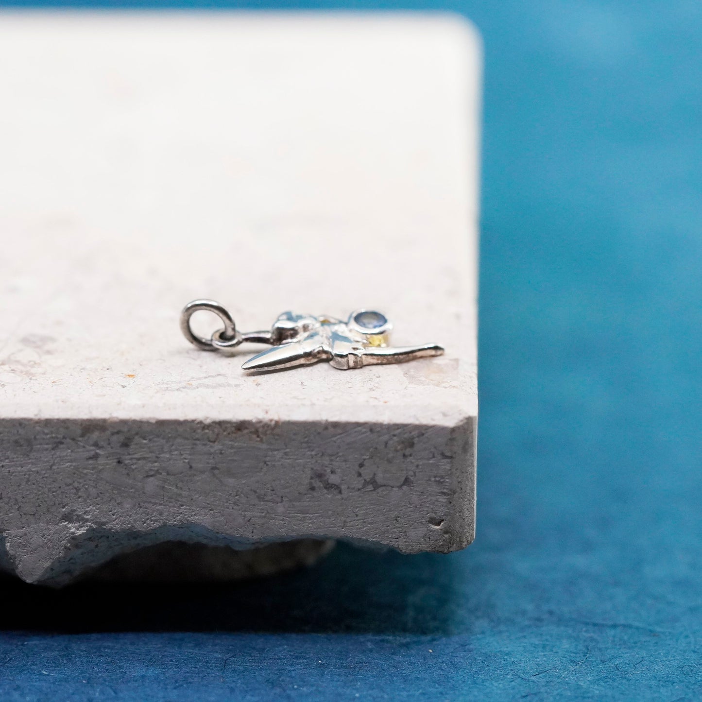Vintage Sterling silver handmade pendant, 925 fairy charm with blue crystal