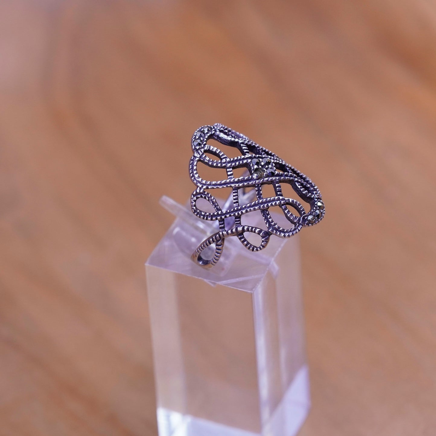 Size 7.25, Art Deco Sterling silver handmade ring, wide 925 band with marcasite