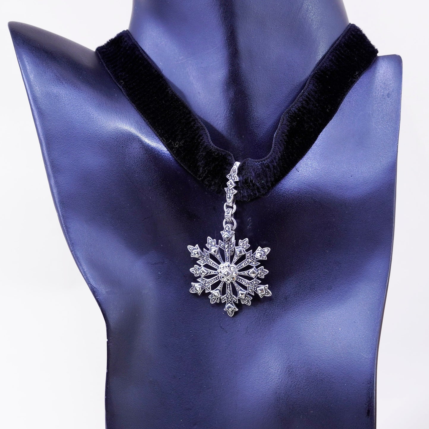 10+2”, Sterling 925 silver necklace velvet choker collar Marcasite snowflake