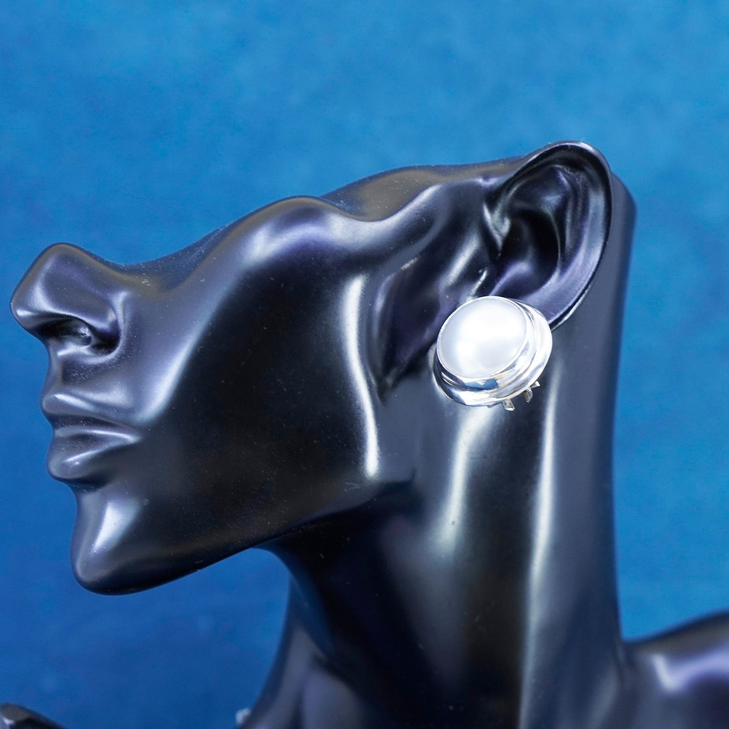 Vintage sterling silver handmade earrings, 925 round studs with pearl