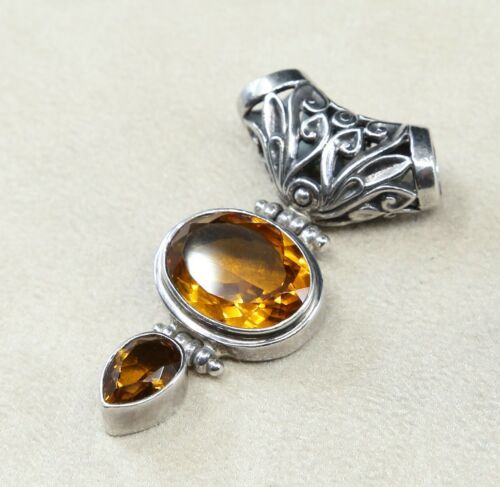 Vtg Handmade Sterling Silver .925 Bali Marquis Filigree Style Pendant W/ Citrine