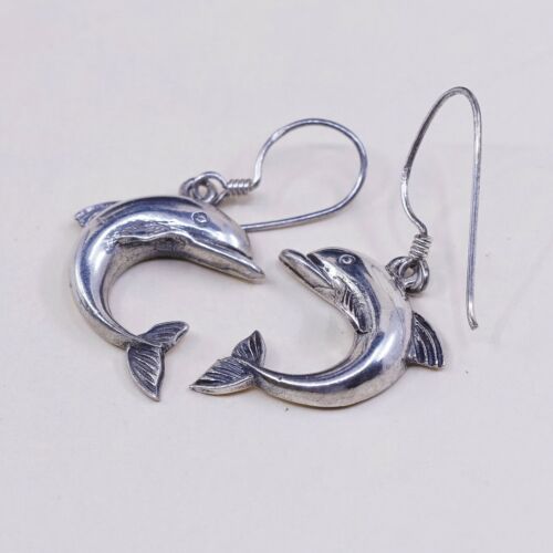 Vintage Sterling 925 Silver Handmade Dolphin Fishy dangle earrings, Stamped 925