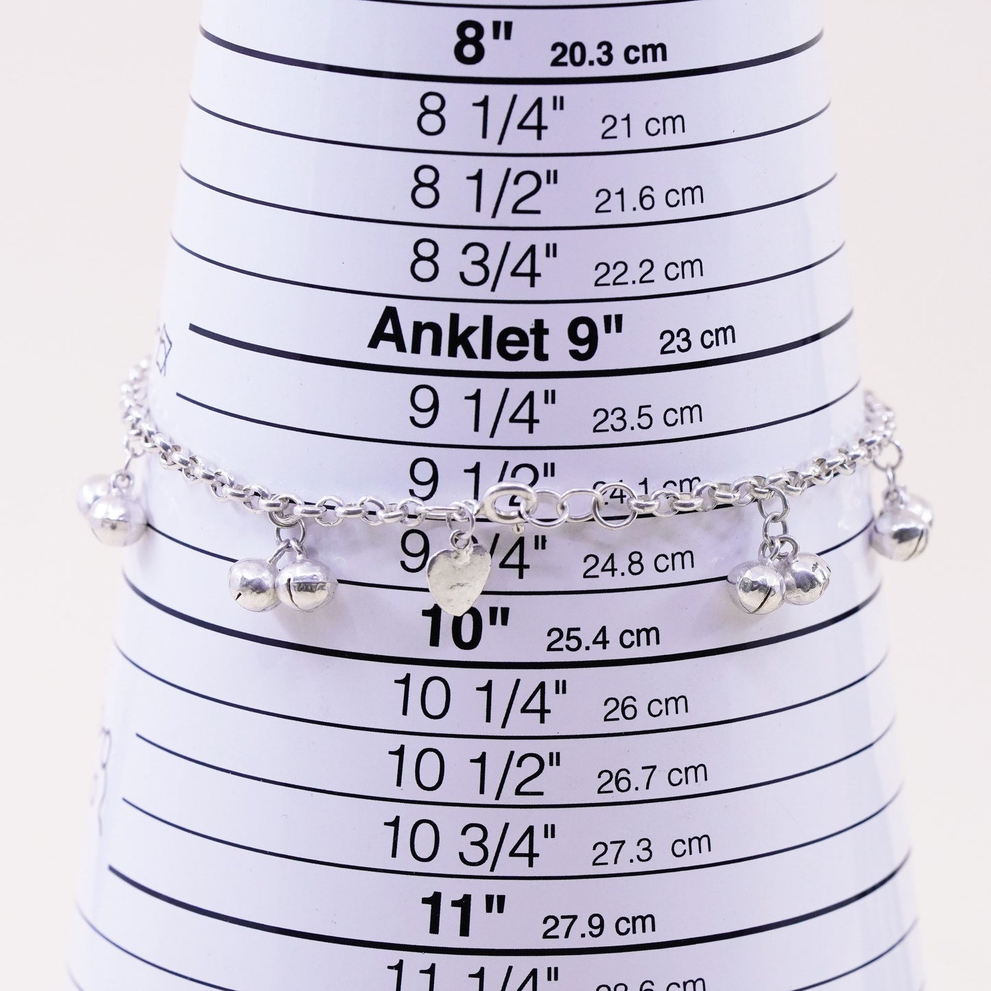 9.5”, Sterling Silver Bracelet, 925 belly dancer chain anklet chime bell charms