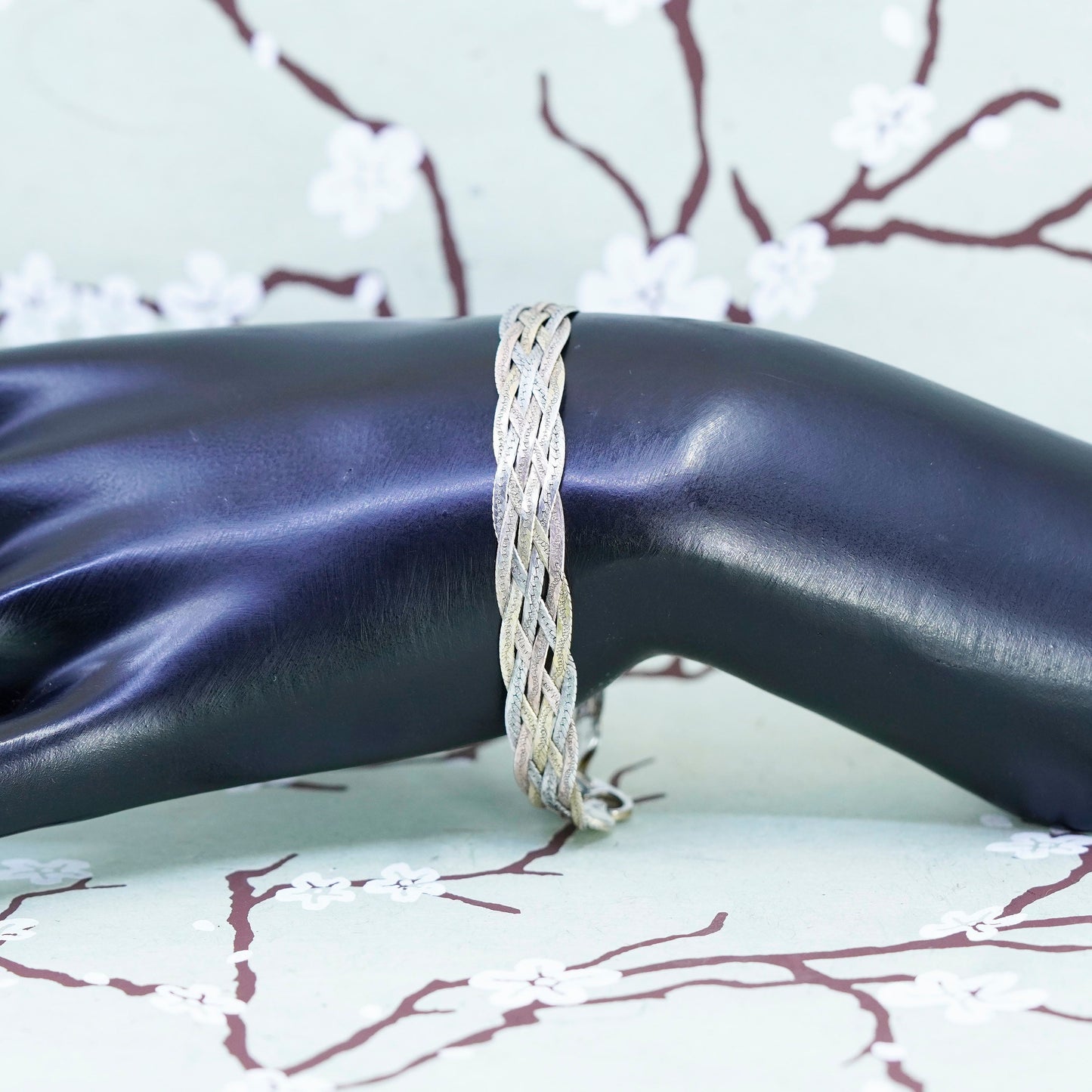 7”, 6 strands vermeil gold sterling silver herringbone chain, woven bracelet