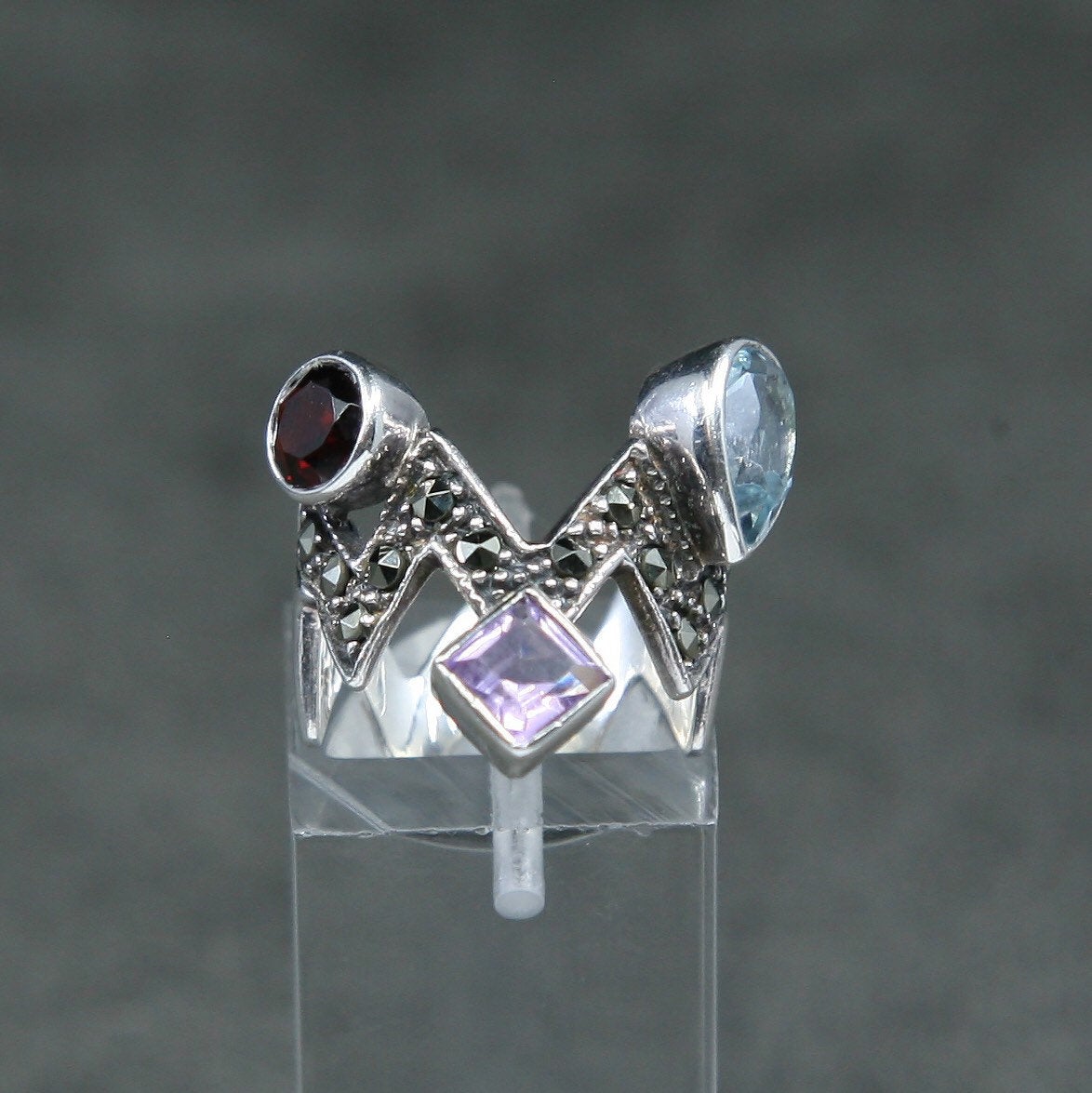 sz 5.5, Sterling silver handmade ring, 925 w/ ruby sapphire peridot amethyst