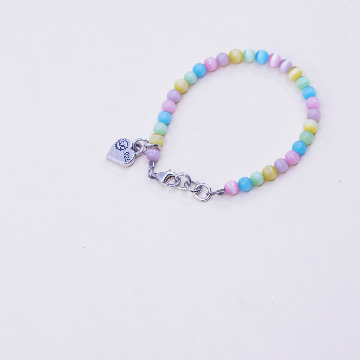 5.5”, sterling 925 silver handmade bracelet, colorful tiger eye heart charm