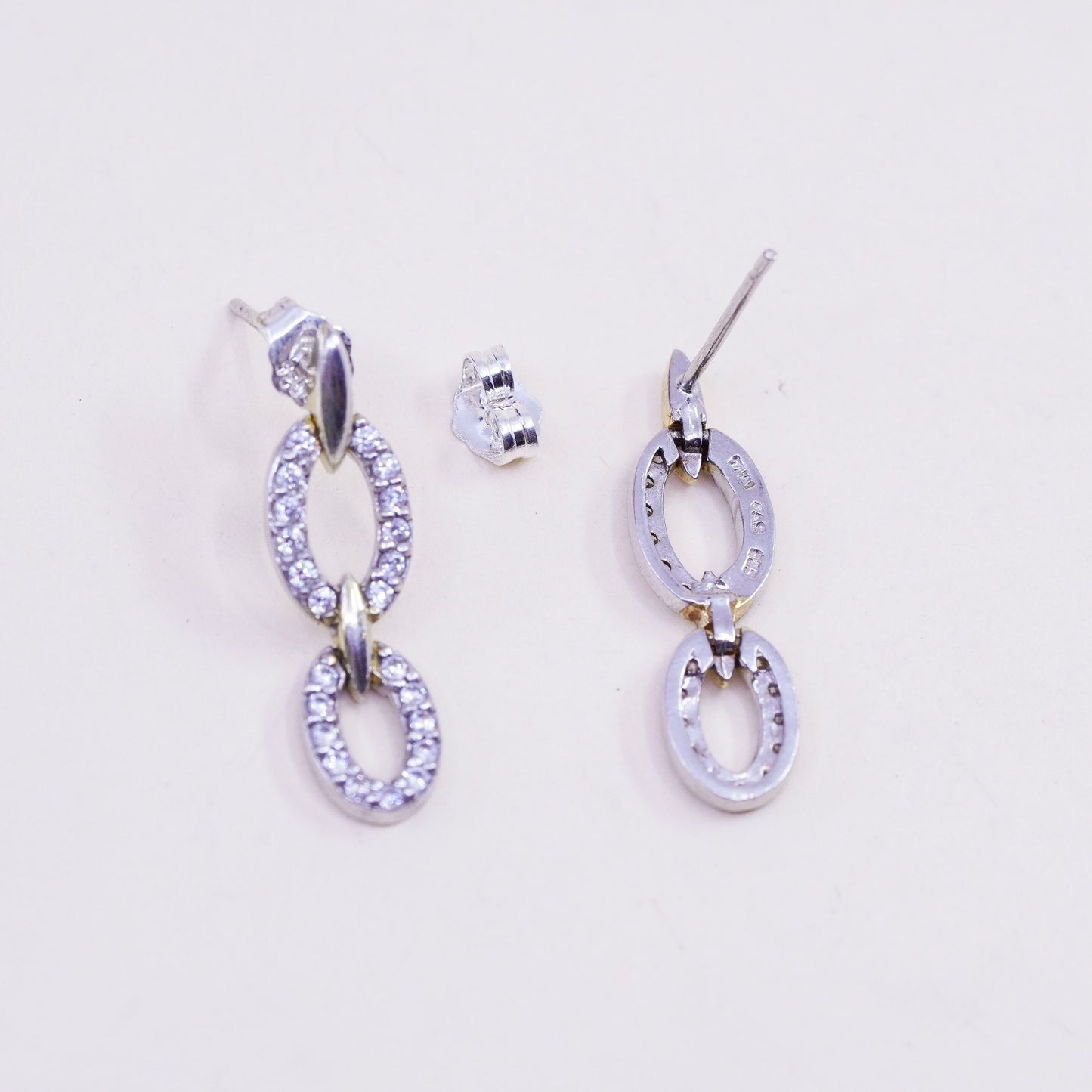 Vintage sterling 925 silver handmade oval earrings with round CZ