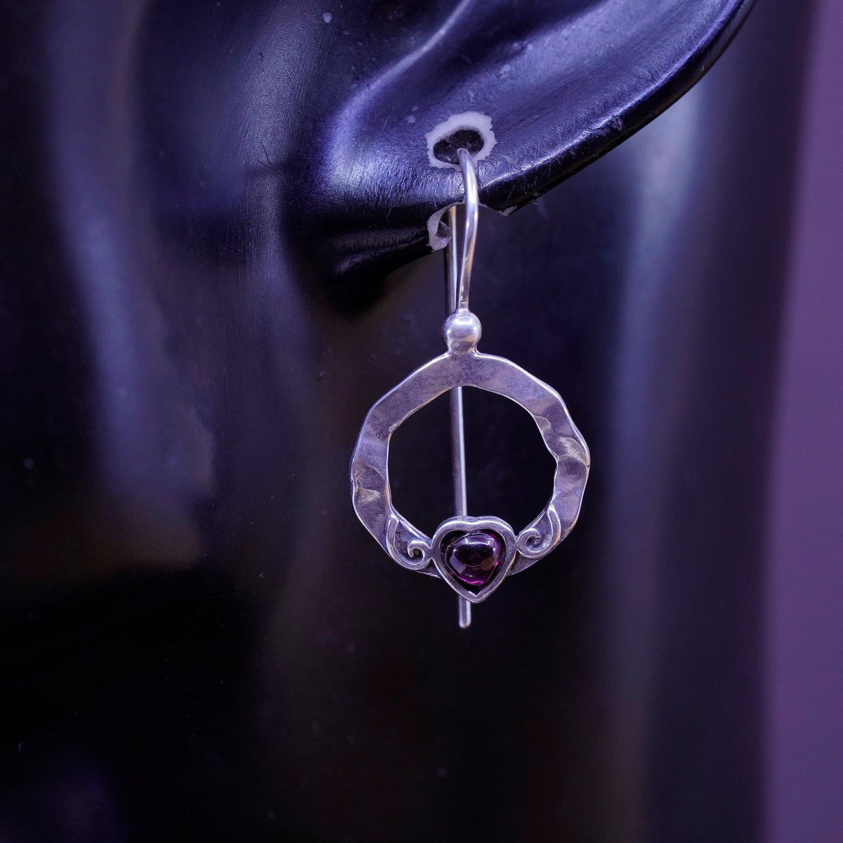 Israel wax casting Sterling silver handmade earrings, 925 hoops heart garnet