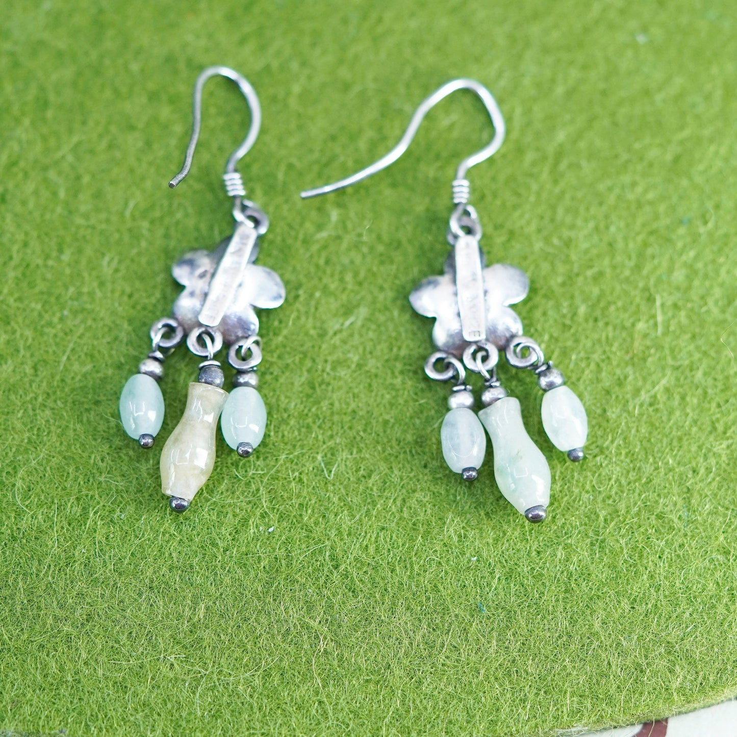 Native American Sterling 925 Silver Handmade flower earrings w/ turquoise jade