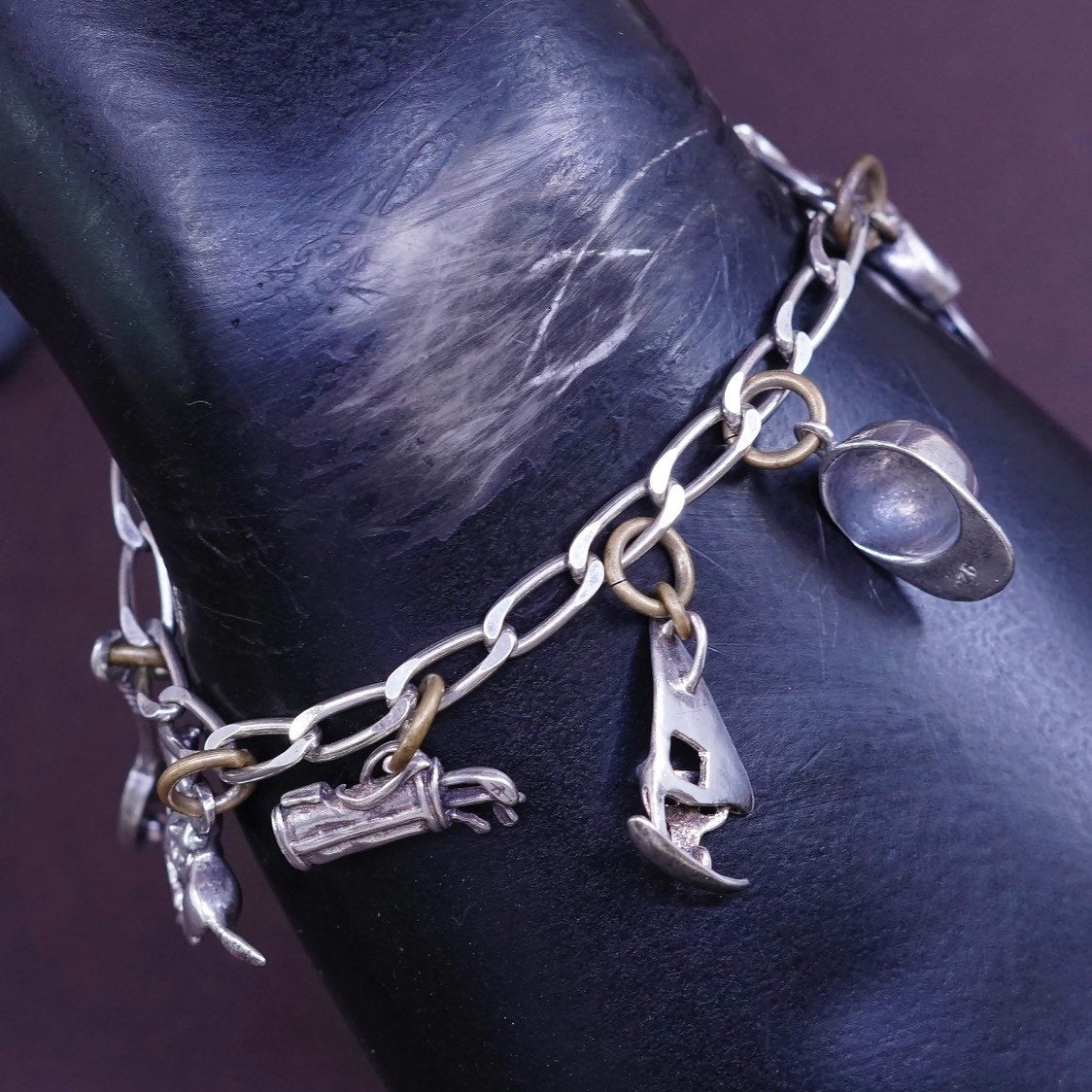 6.5”, Sterling silver handmade bracelet, 925 curb chain w/ tennis racket charm