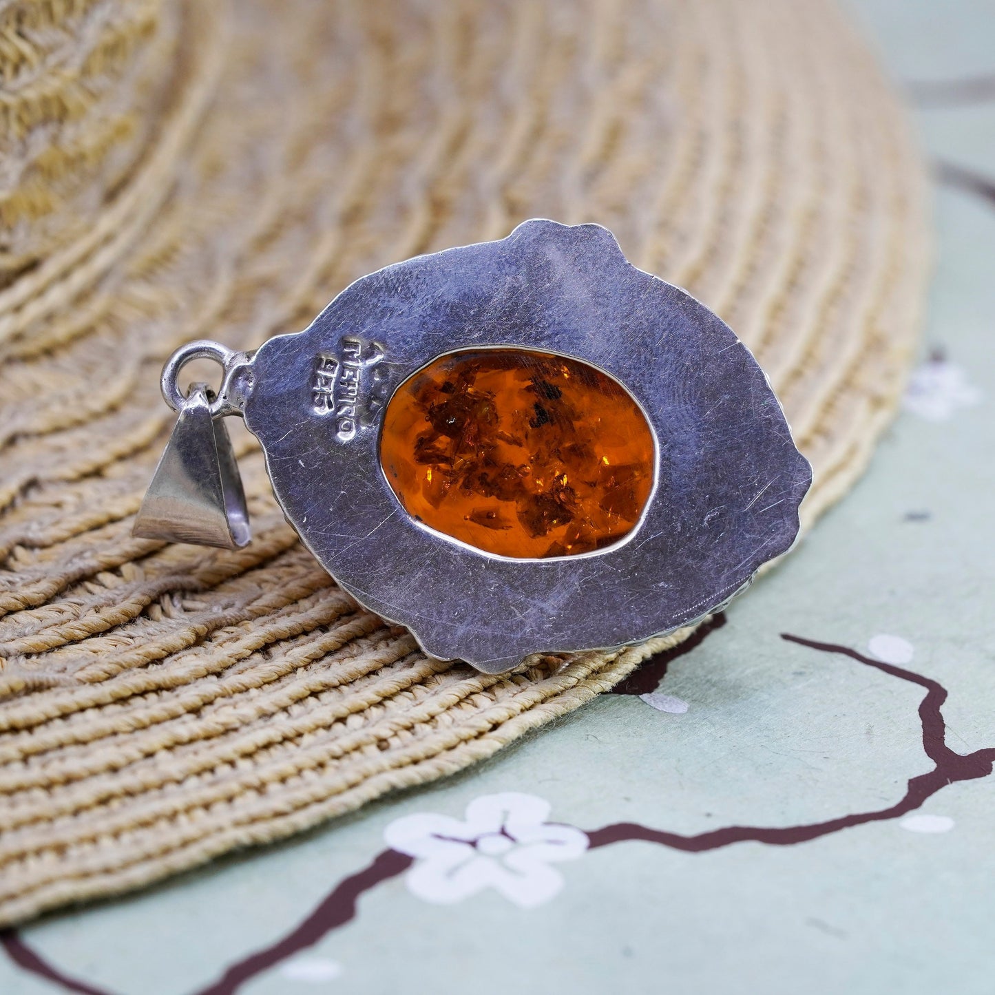 Vintage modern Sterling 925 silver handmade pendant with huge Amber and beads