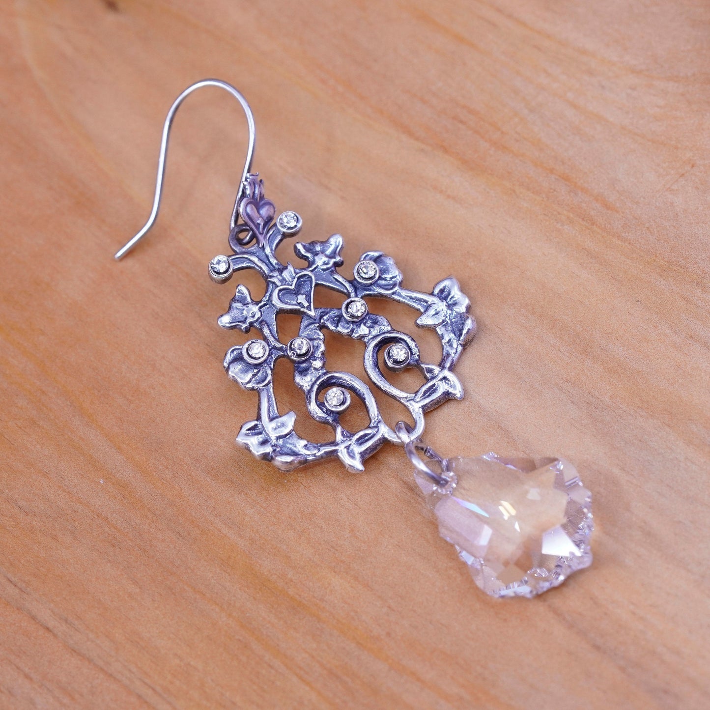 Vintage Sterling 925 silver handmade floral vine earrings with teardrop crystal