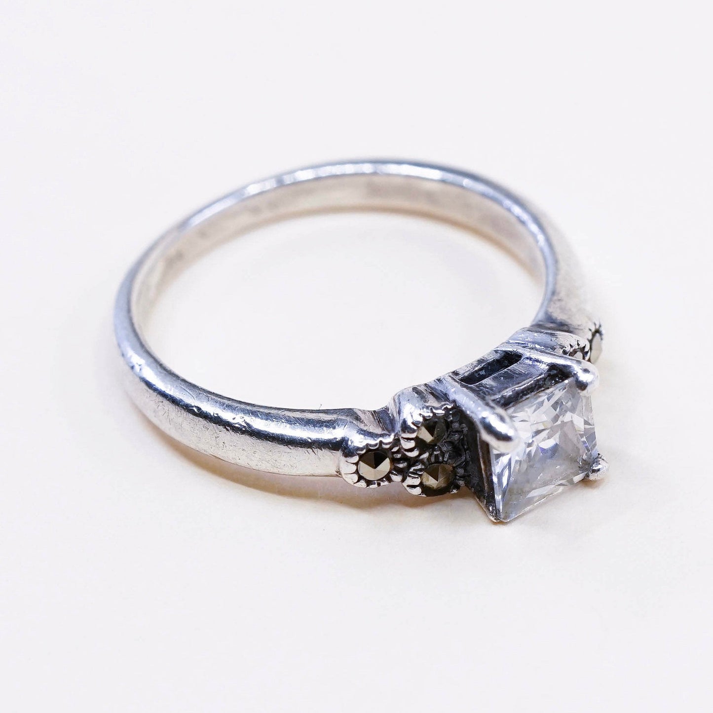 Size 6, Sterling silver handmade ring, 925 with CZ and marcasite
