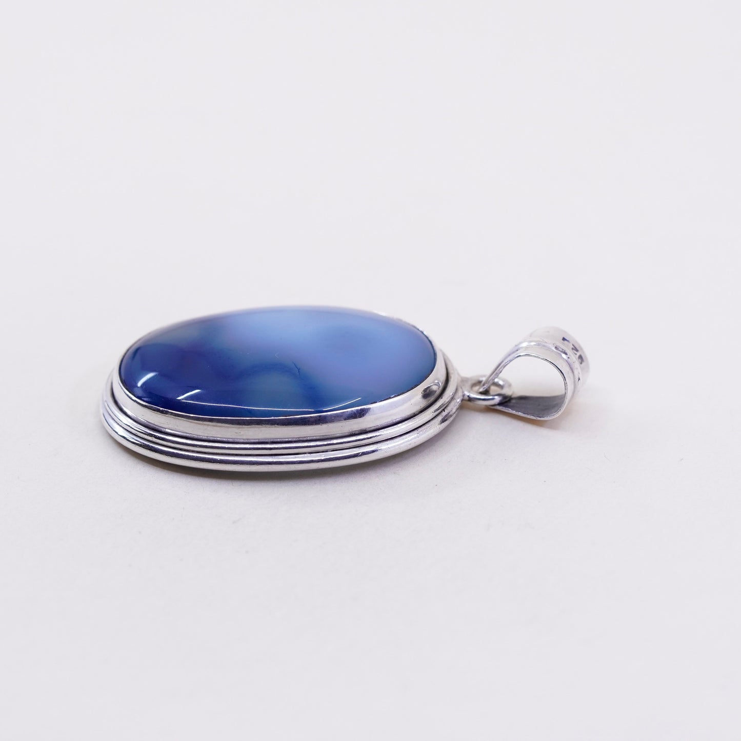 Vintage sterling 925 silver handmade pendant with oval blue agate