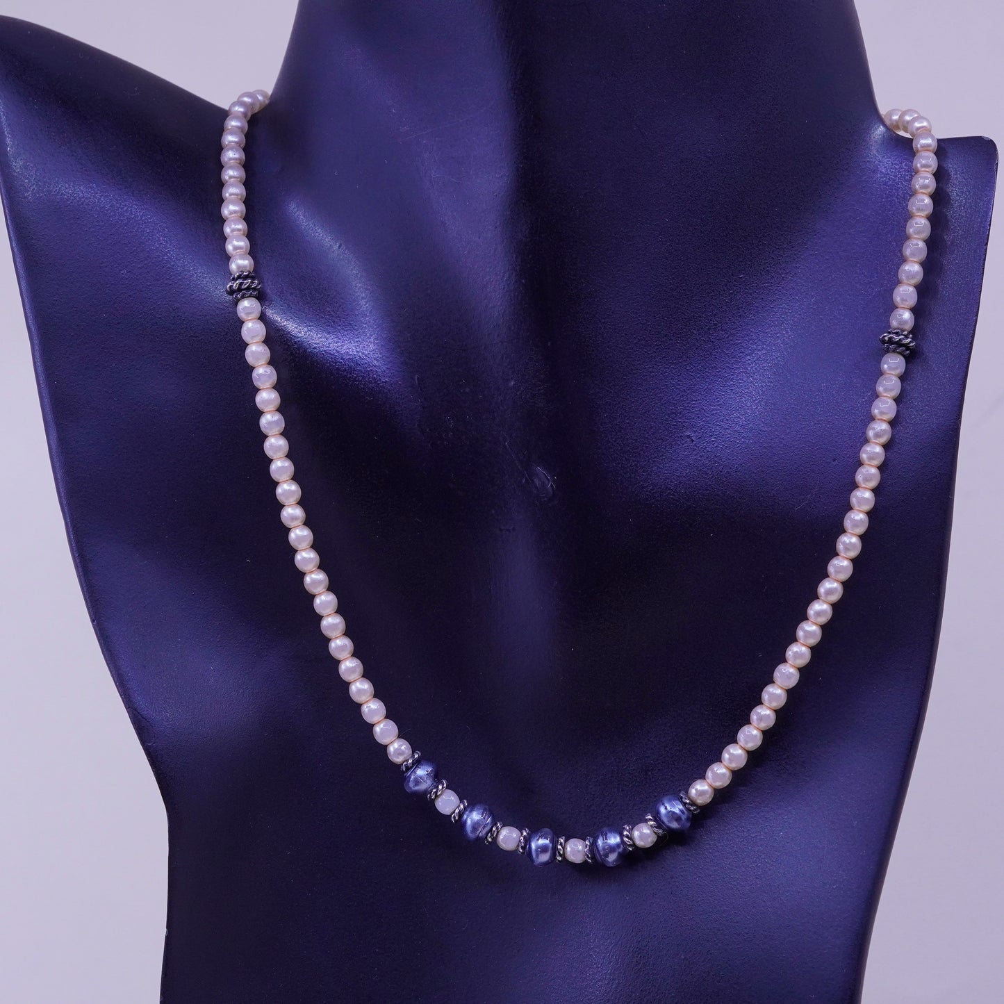 16”, Vintage faux pearl beads necklace chain with sterling 925 silver clasp