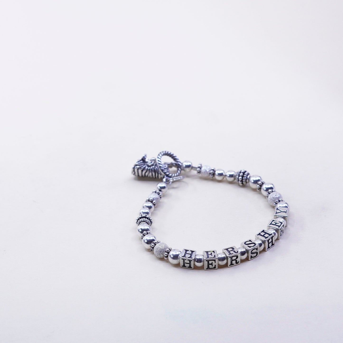 6.75”, Sterling 925 Silver filigree beads bracelet w/ “Hershey” dog sharpie