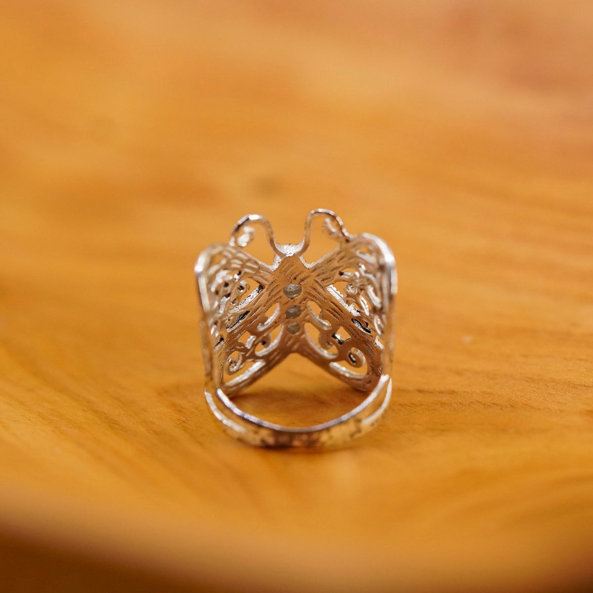 Size 7, Vintage Sterling silver handmade ring, 925 filigree butterfly band cz