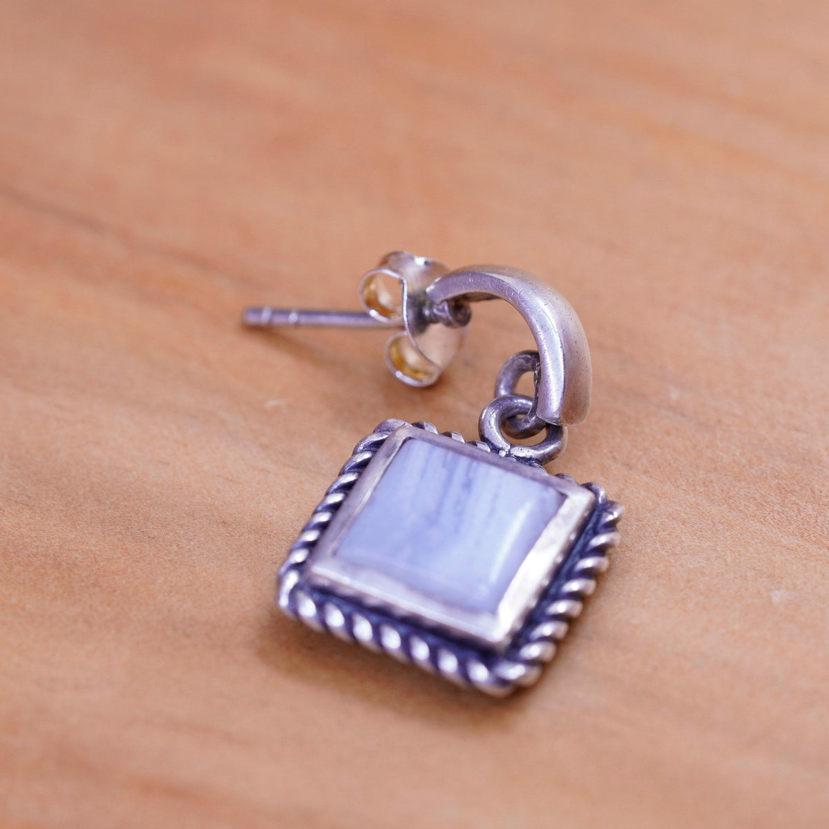 Vintage Sterling silver handmade earrings, 925 Huggie studs lace agate cable