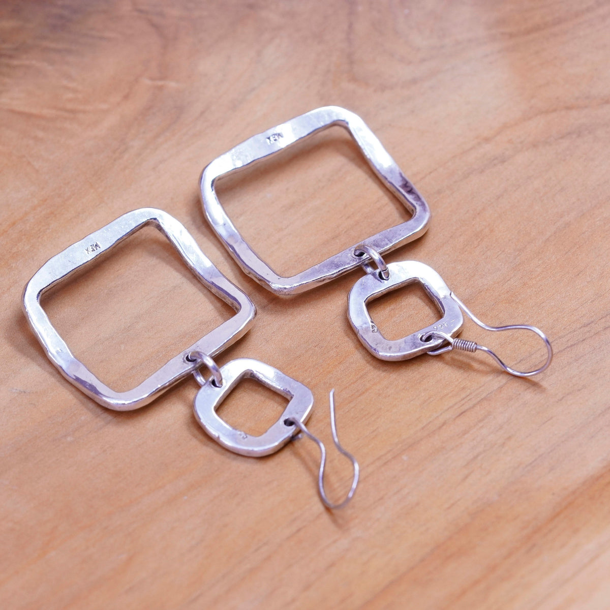 Vintage Mexico Sterling silver handmade earrings, 925 Hammered square dangles