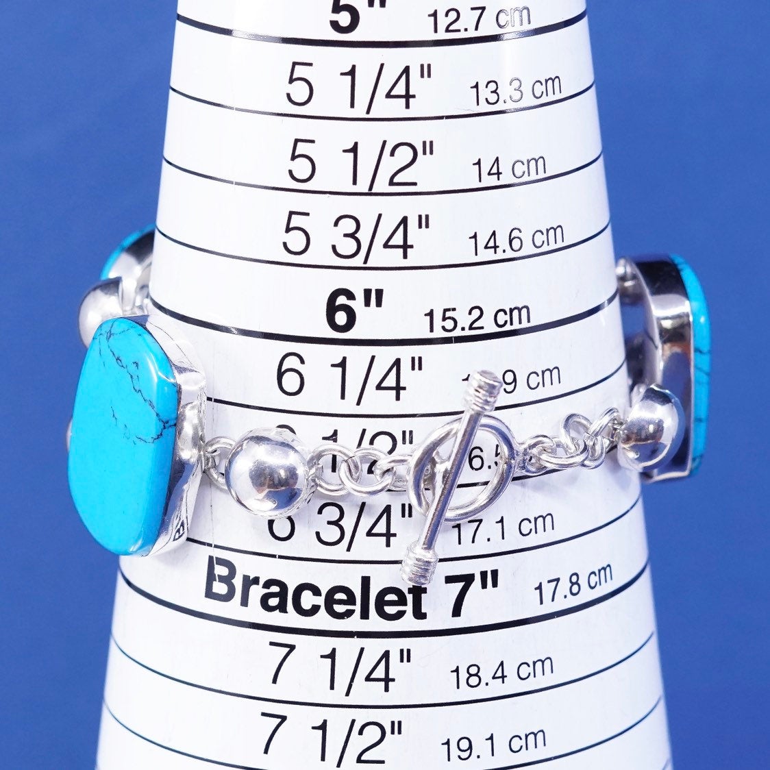 6.5”, mexico sterling silver handmade bracelet, 925 w/ turquoise toggle closure