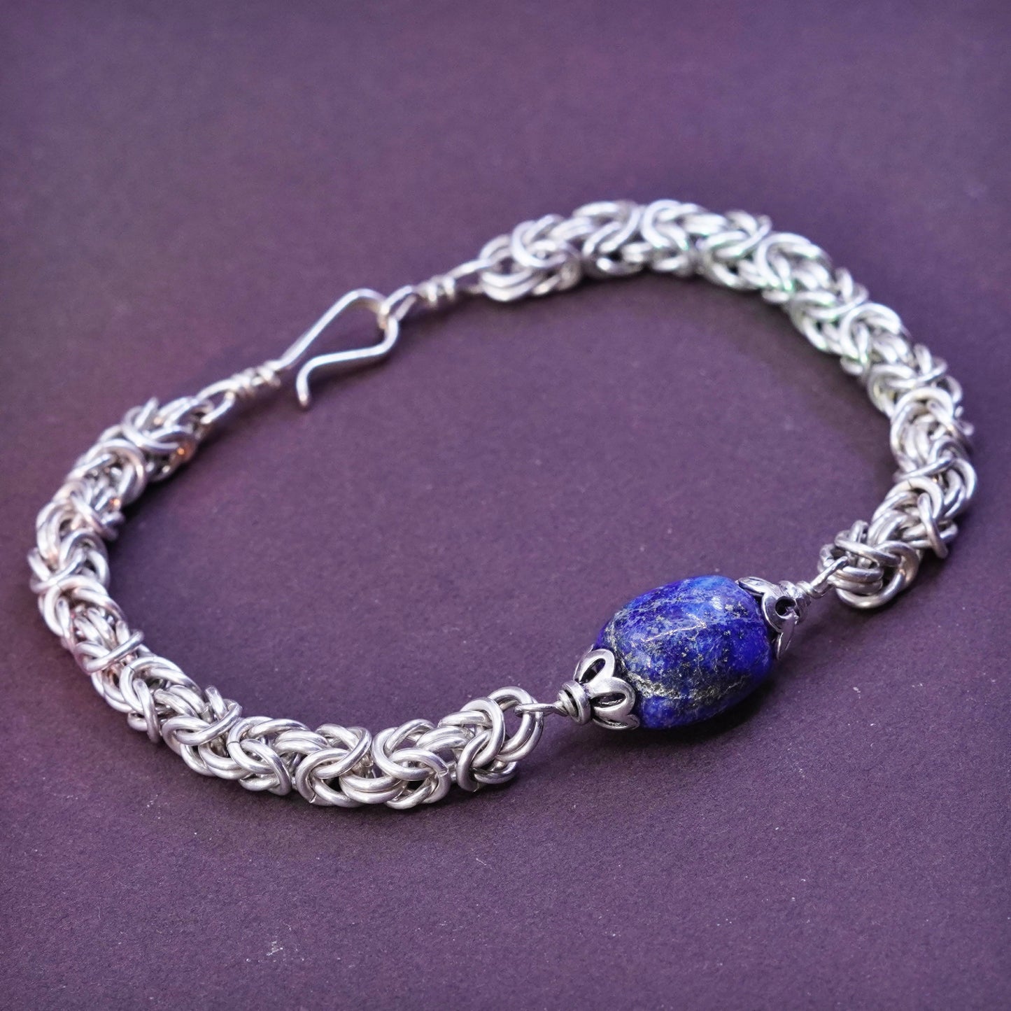 7”, Sterling silver bracelet, Italy 925 Byzantine birdcage chain lapis lazuli